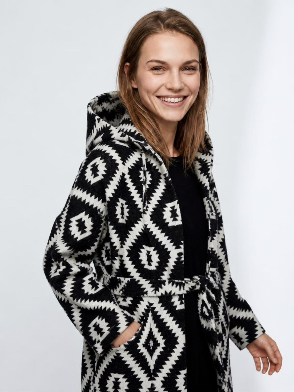 This Weekend Only BloomChic Black and Cream Patterned Coat NWOT